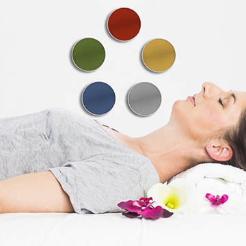 Eine Klientin liegt auf ihrem Rücken. Über ihrem Körper ist der Farbkreis der 5 Elemente aus der Kinesiologie zu sehen.